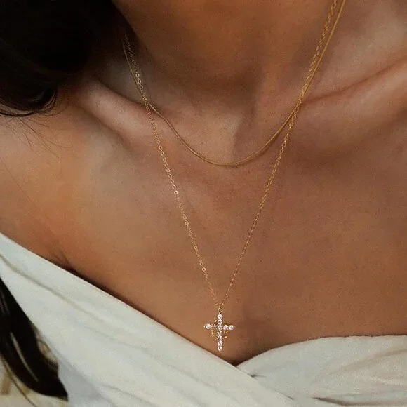 3-Pack Women’s Dainty Cross Necklaces in 14K Gold, Rose Gold & Silver Plated